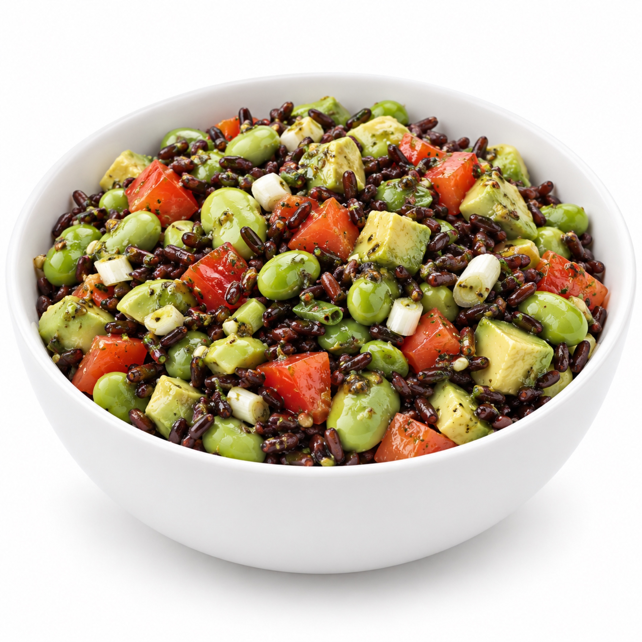 Ensalada fría congelada de arroz negro, aguacate y tomate
